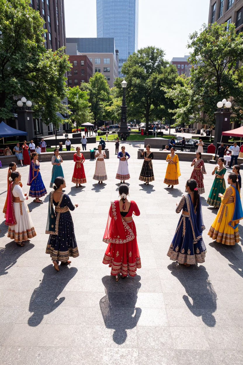 Colorful Navratri Garba Dance Performance in Boston Massachusetts Under Noon Sunlight in in Boston, Massachusetts, United States
