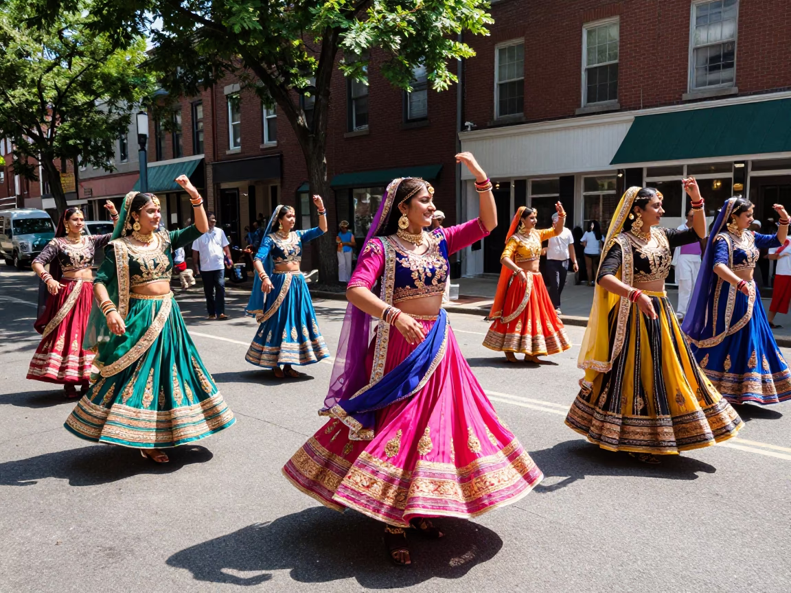 Colorful Navratri Garba Dancers Performing on Philadelphia Street Under Noon Sun in in Philadelphia, Pennsylvania, United States
