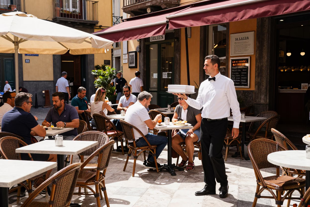 Colorful Neapolitan Cafe Terrace with Pastries and Local Street Life in Late Morning Naples in in Naples, Italy