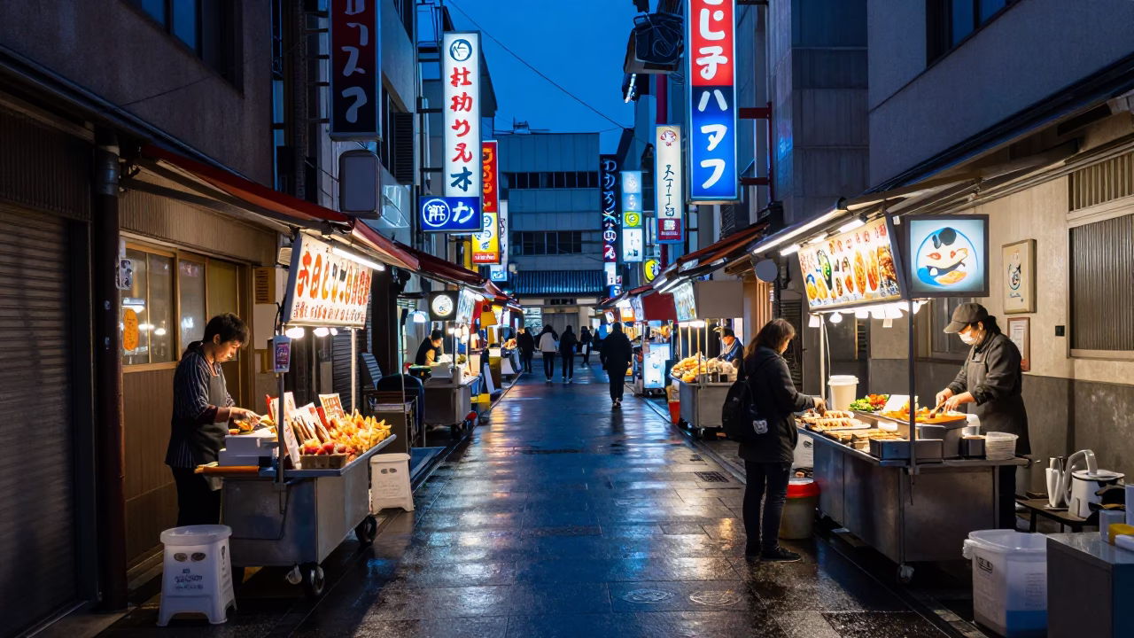 Colorful Neon Alleyway in Osaka Japan Predawn Street Food Stall Scene in in Osaka, Japan