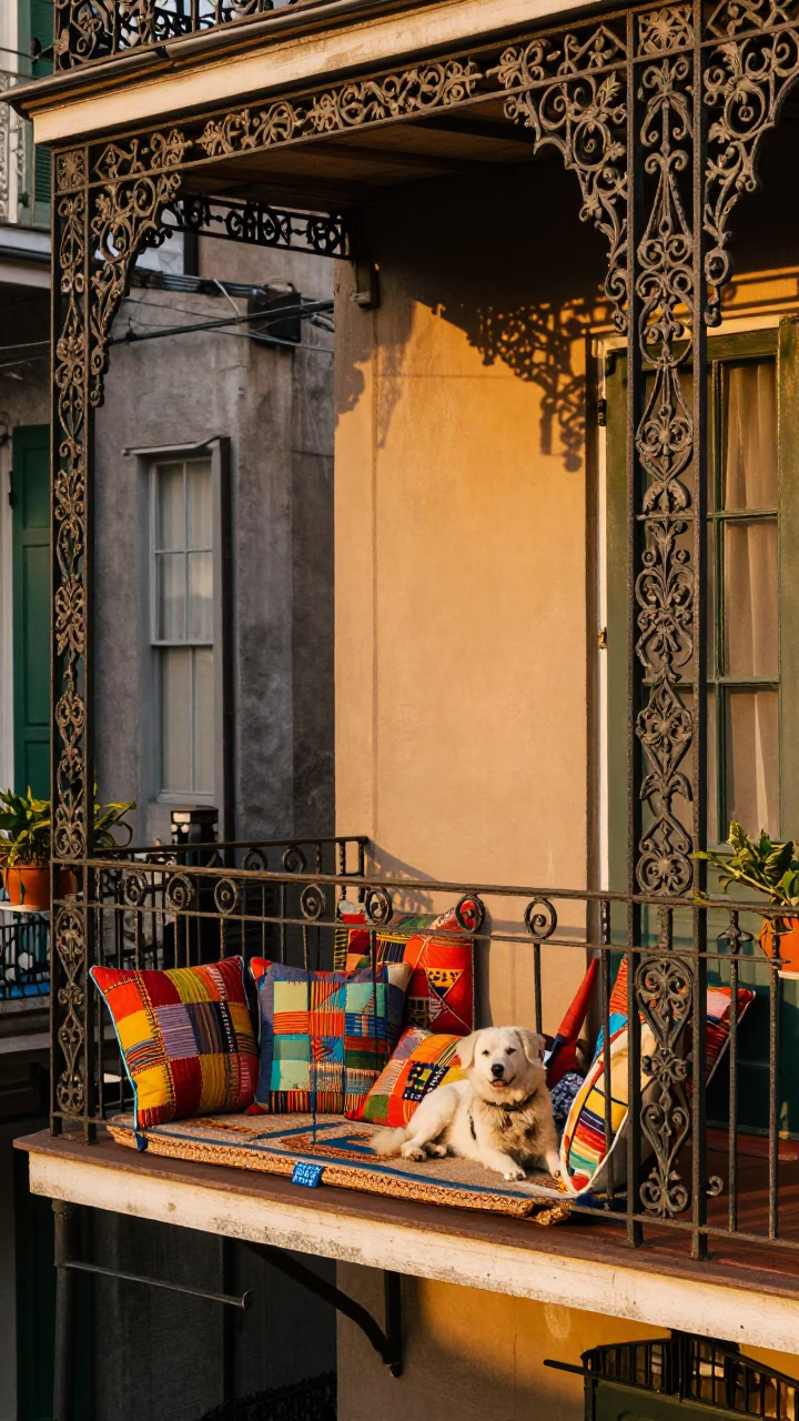Colorful New Orleans Balcony Scene with Ironwork and Evening Light in in New Orleans, Louisiana, United States