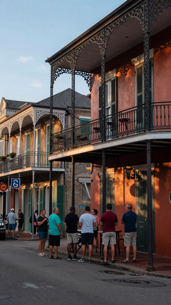 Colorful New Orleans Evening Street Scene with Iron Balconies and Local Life in in New Orleans, Louisiana, United States