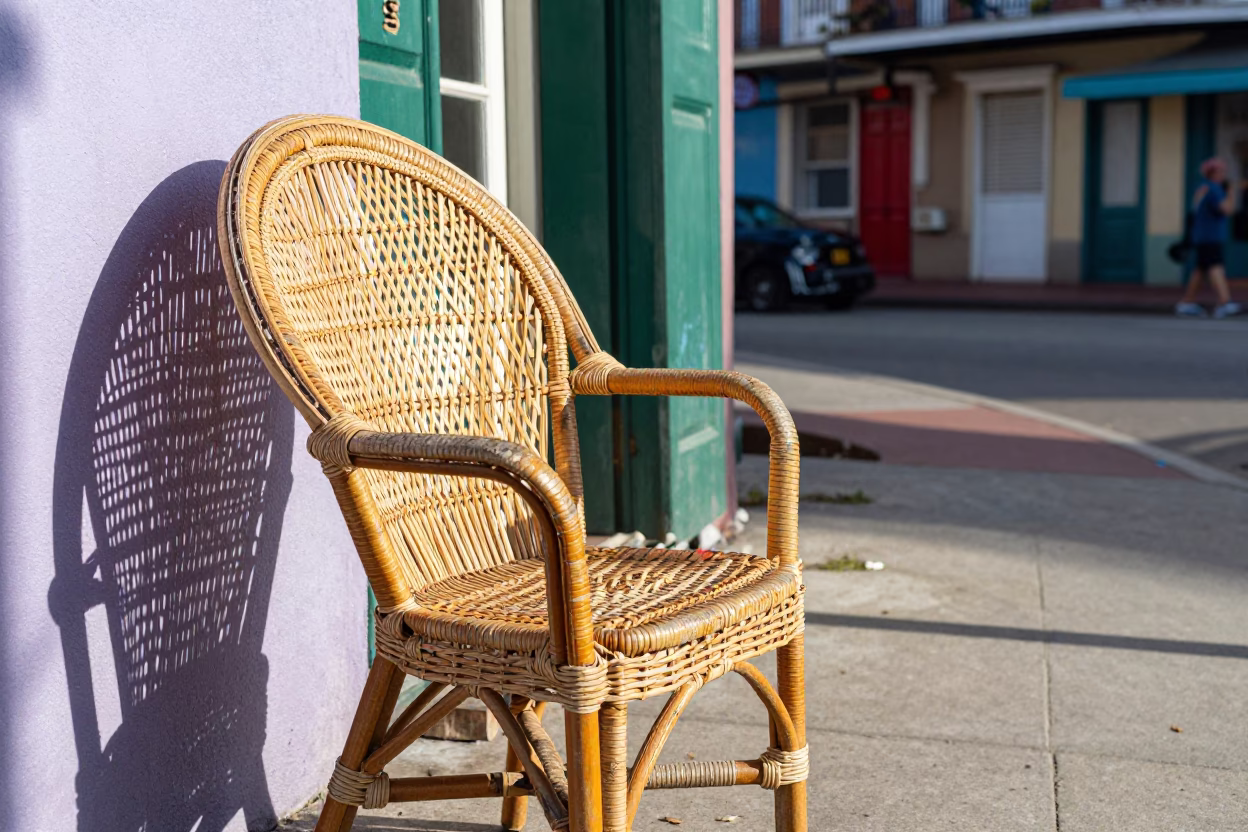 Colorful New Orleans Late Morning Street Scene with Rattan Chair and Local Culture in in New Orleans, Louisiana, United States