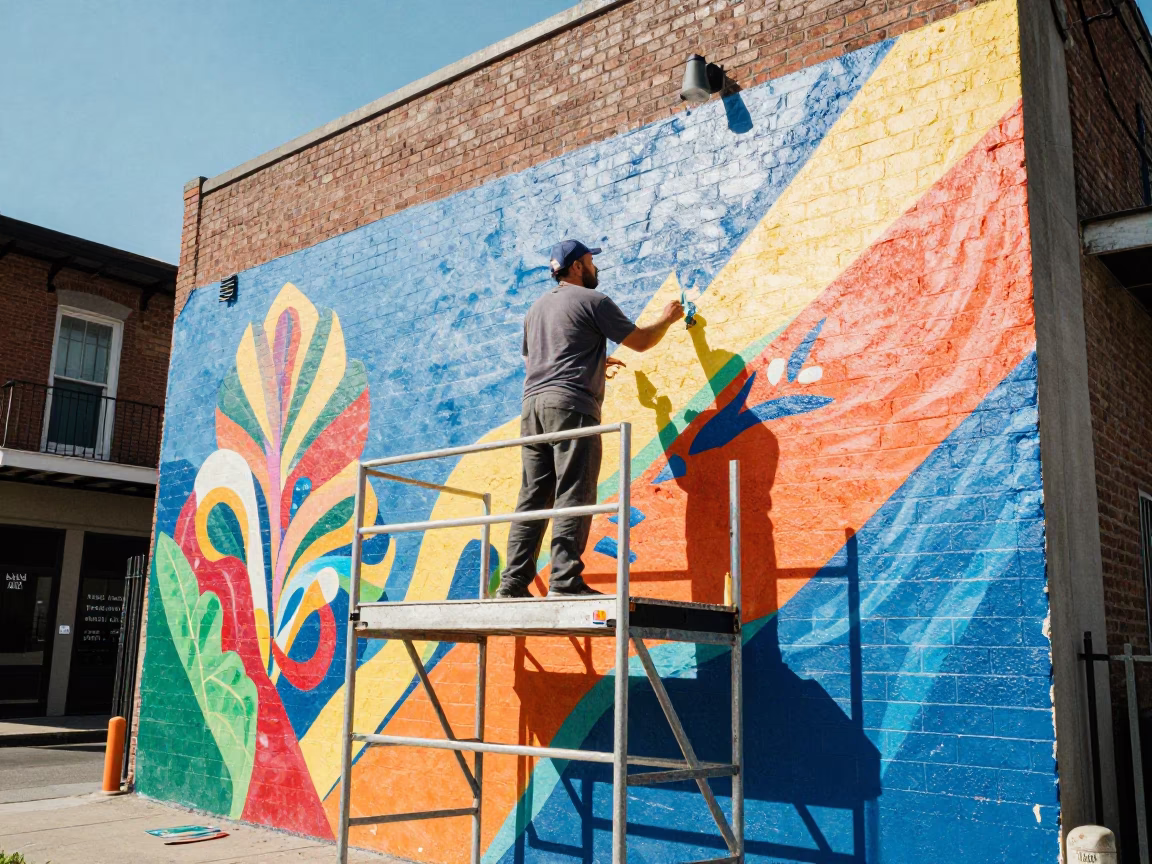 Colorful New Orleans Street Mural Painting in Bright Midmorning Light with Plumbago Hedge in in New Orleans, Louisiana, United States