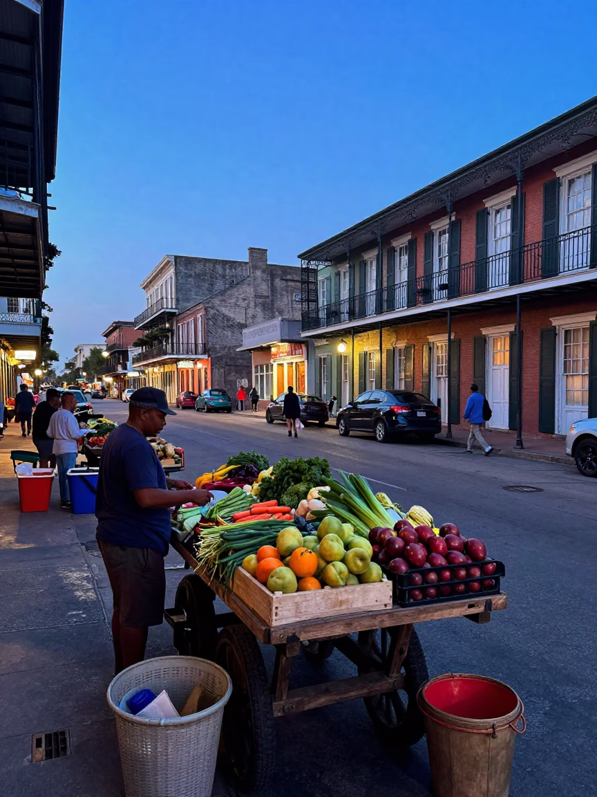 Colorful New Orleans Street Scene Before Sunrise with Local Vendor and Charm Bracelet in in New Orleans, Louisiana, United States
