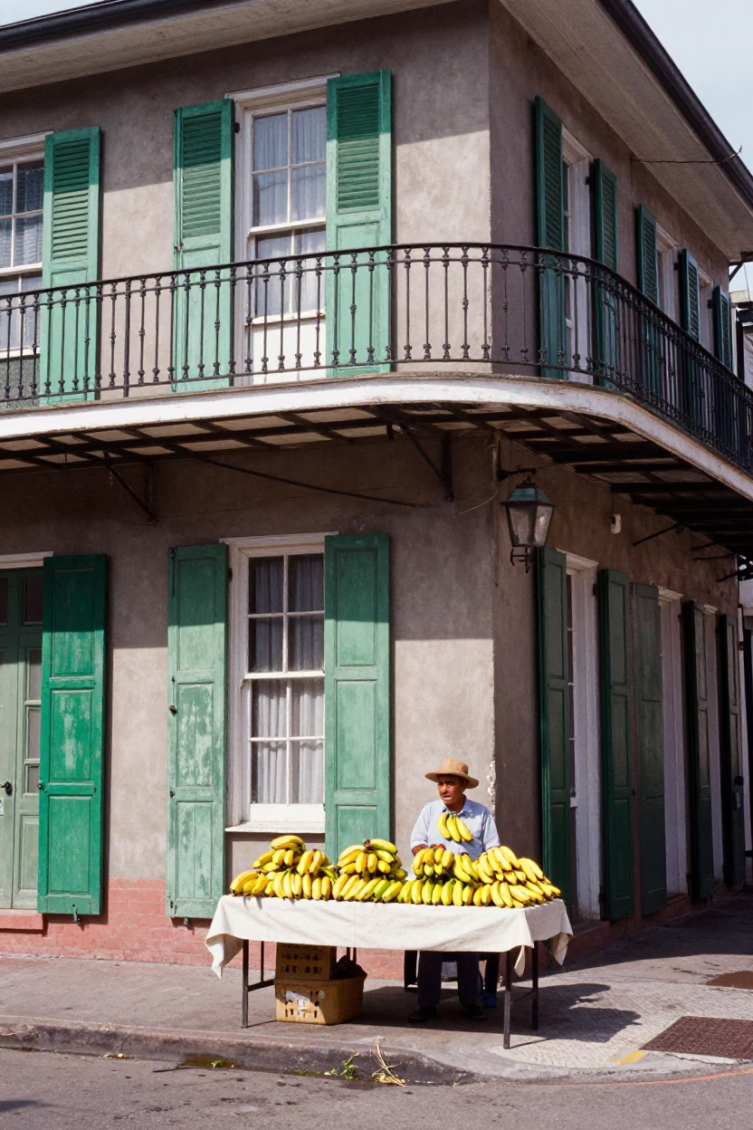 Colorful New Orleans Street Scene with Bananas and Green Shutters in in New Orleans, Louisiana, United States
