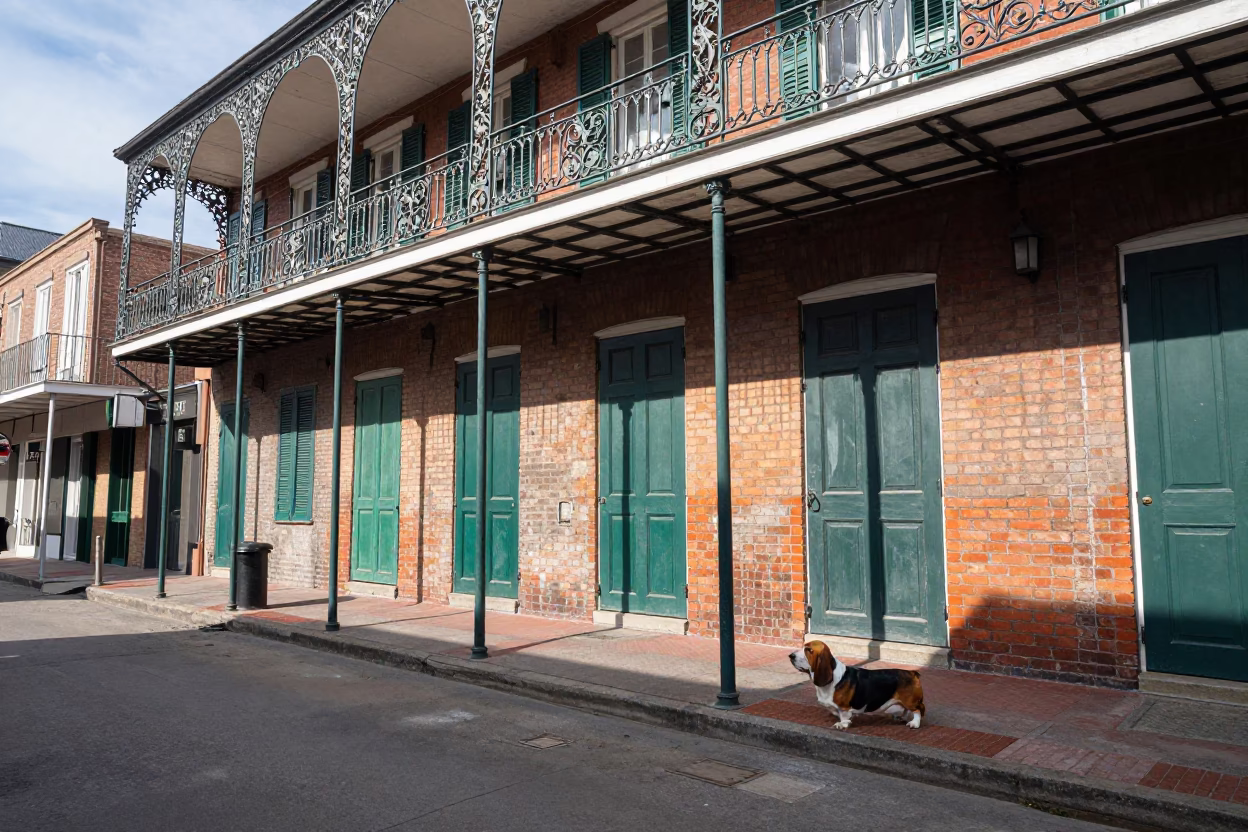 Colorful New Orleans Street Scene with Basset Hound and Domino Game in in New Orleans, Louisiana, United States