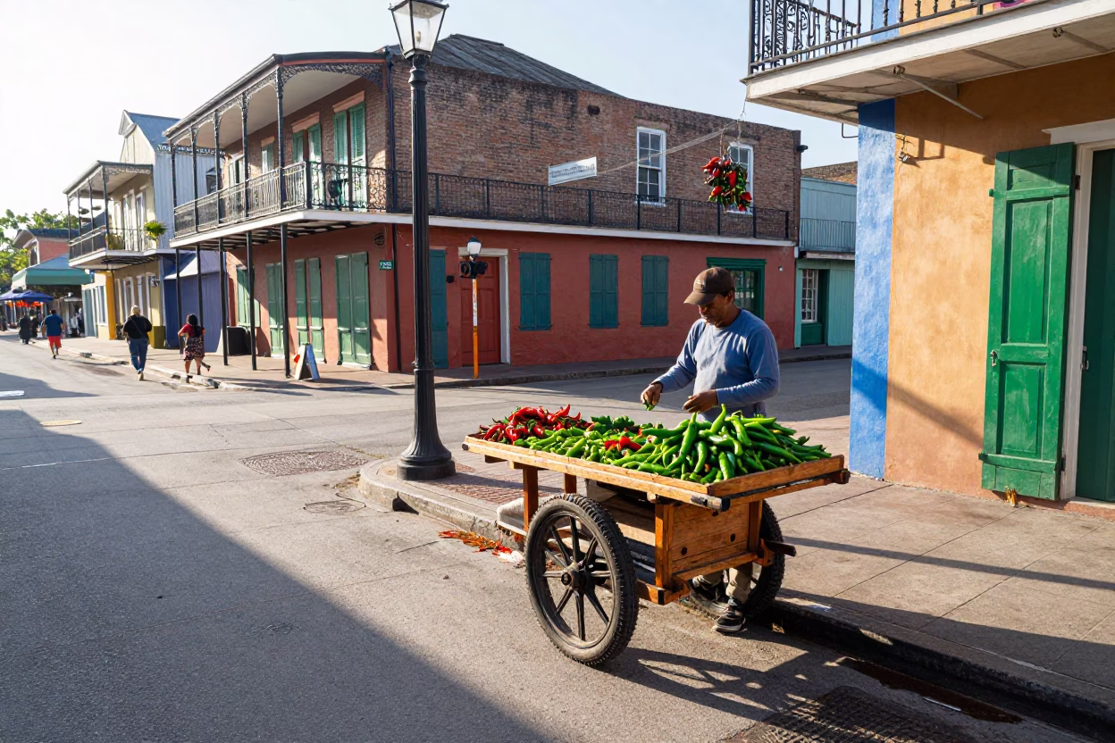 Colorful New Orleans Street Scene with Chili Peppers and Local Life in in New Orleans, Louisiana, United States