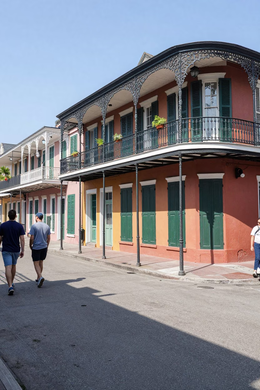 Colorful New Orleans Street Scene with Iron Balconies and Casual Lunch Items in in New Orleans, Louisiana, United States