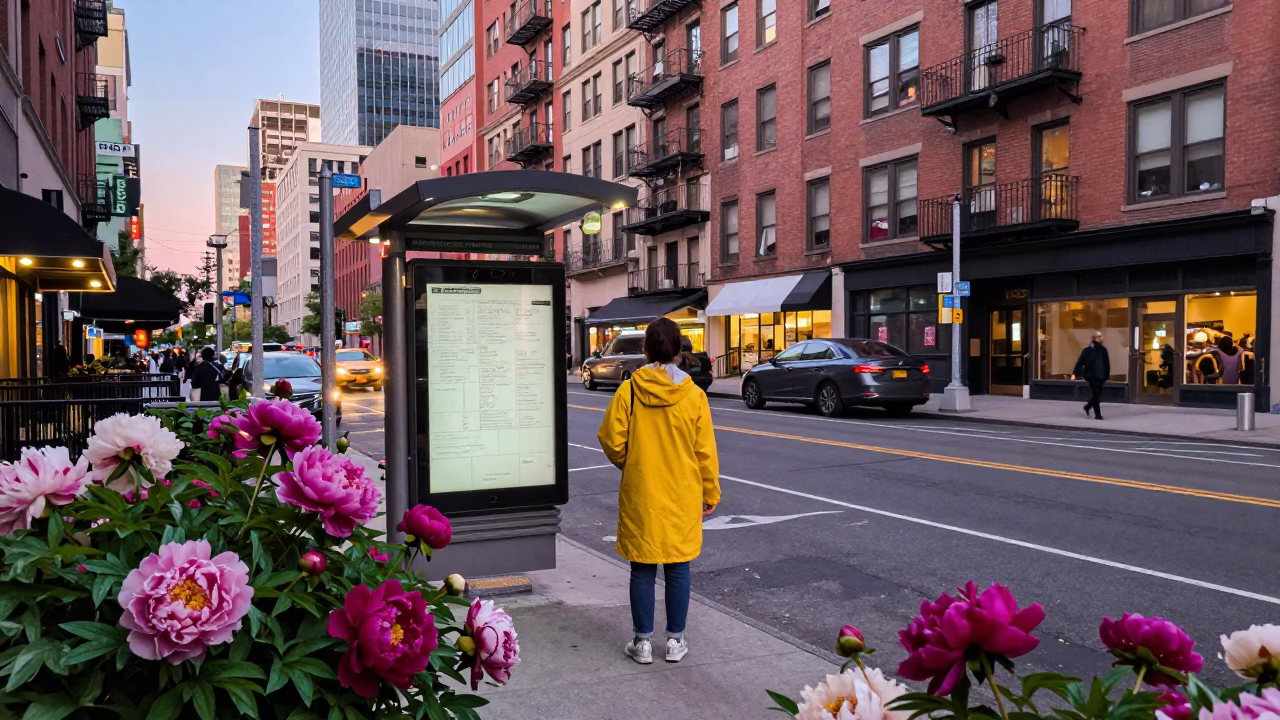 Colorful New York City Street Scene Early Evening with Peonies and Porcelain Jar in in New York, New York, United States