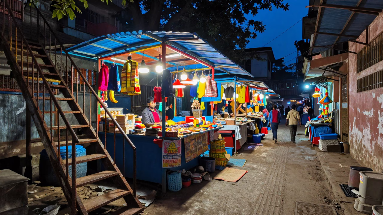 Colorful Night Market Stall in Delhi India with Stair Rail and Lampshade in in Delhi, India