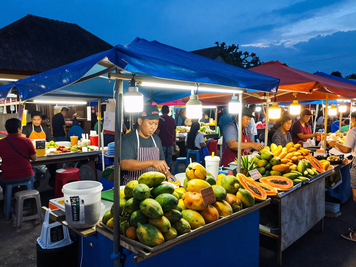 Colorful Night Market Street Food Scene in Denpasar Bali at Blue Hour in in Denpasar, Indonesia