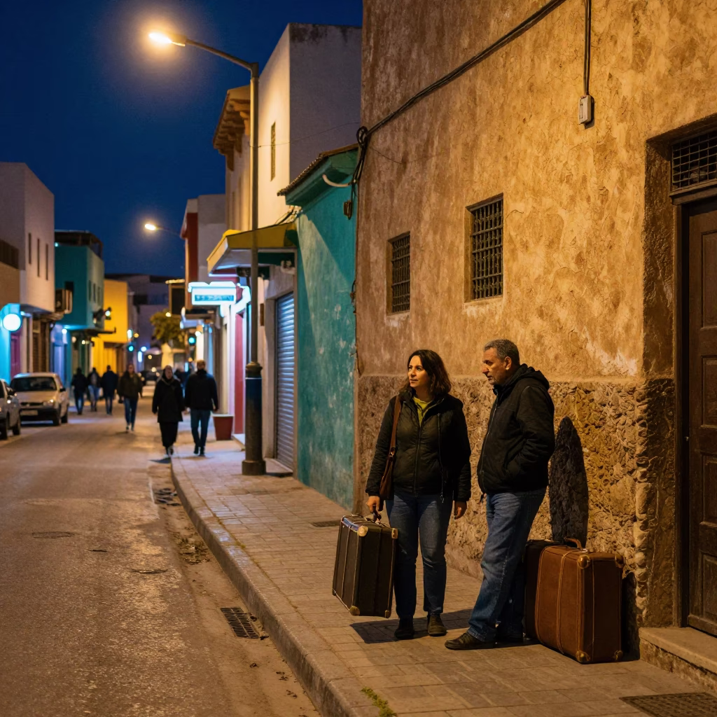 Colorful Night Street Scene in Casablanca Morocco with Vintage Suitcases in in Casablanca, Morocco
