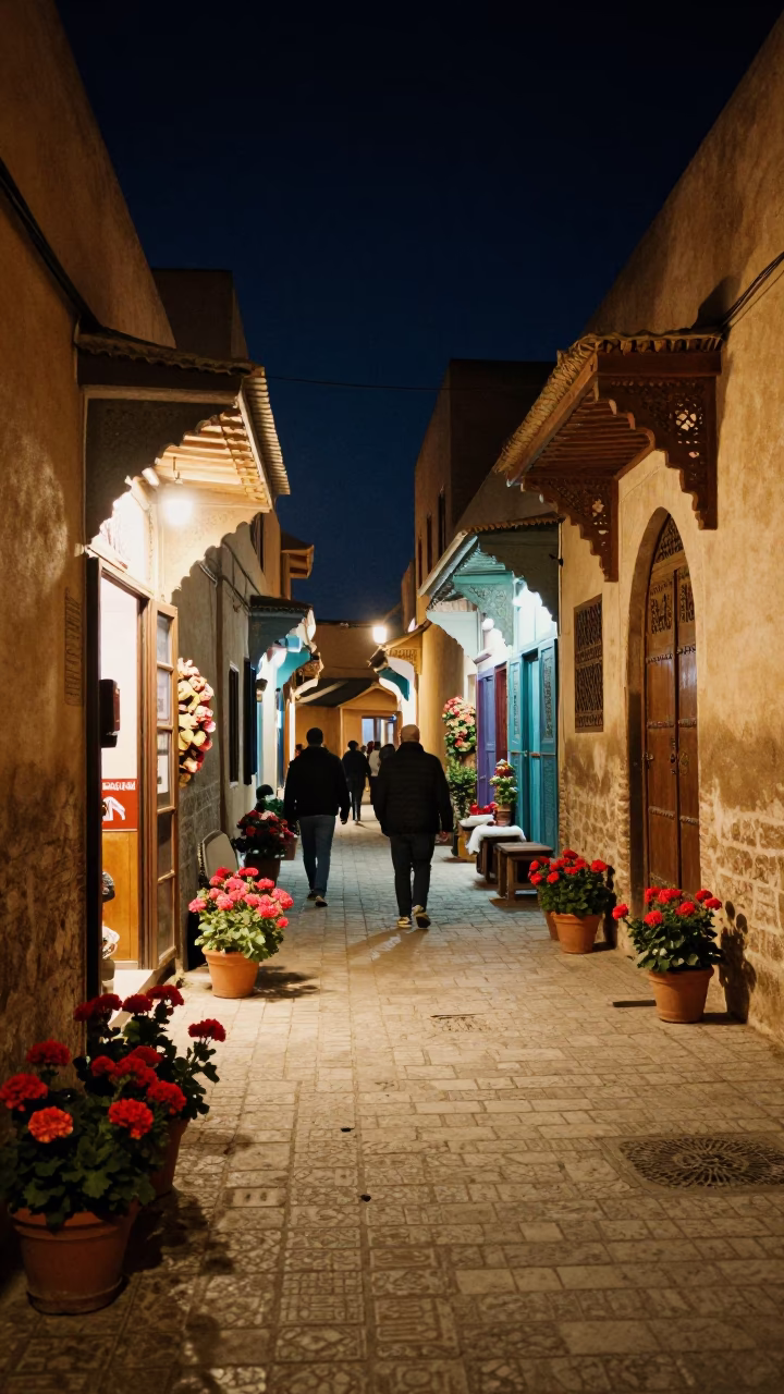 Colorful Night Street Scene in Fez Morocco with Potted Geraniums and Blue Porcelain Jar in in Fez, Morocco