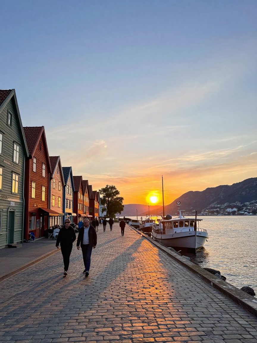Colorful Norwegian Street Scene in Bergen at Sunset with Houseboat and Concrete Viaduct in in Bergen, Norway