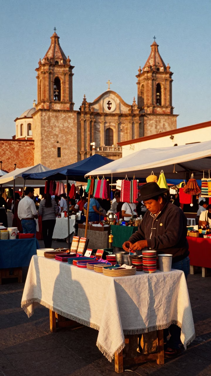 Colorful Oaxaca Evening Market Stall With Linen Fringe Tablecloth And Local Vendors in in Oaxaca, Mexico