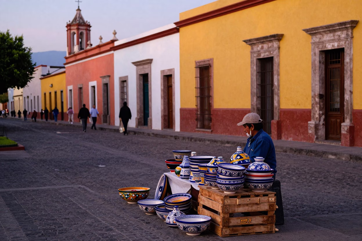 Colorful Oaxaca Evening Street Scene with Traditional Pottery and Local Market Activity in in Oaxaca, Mexico