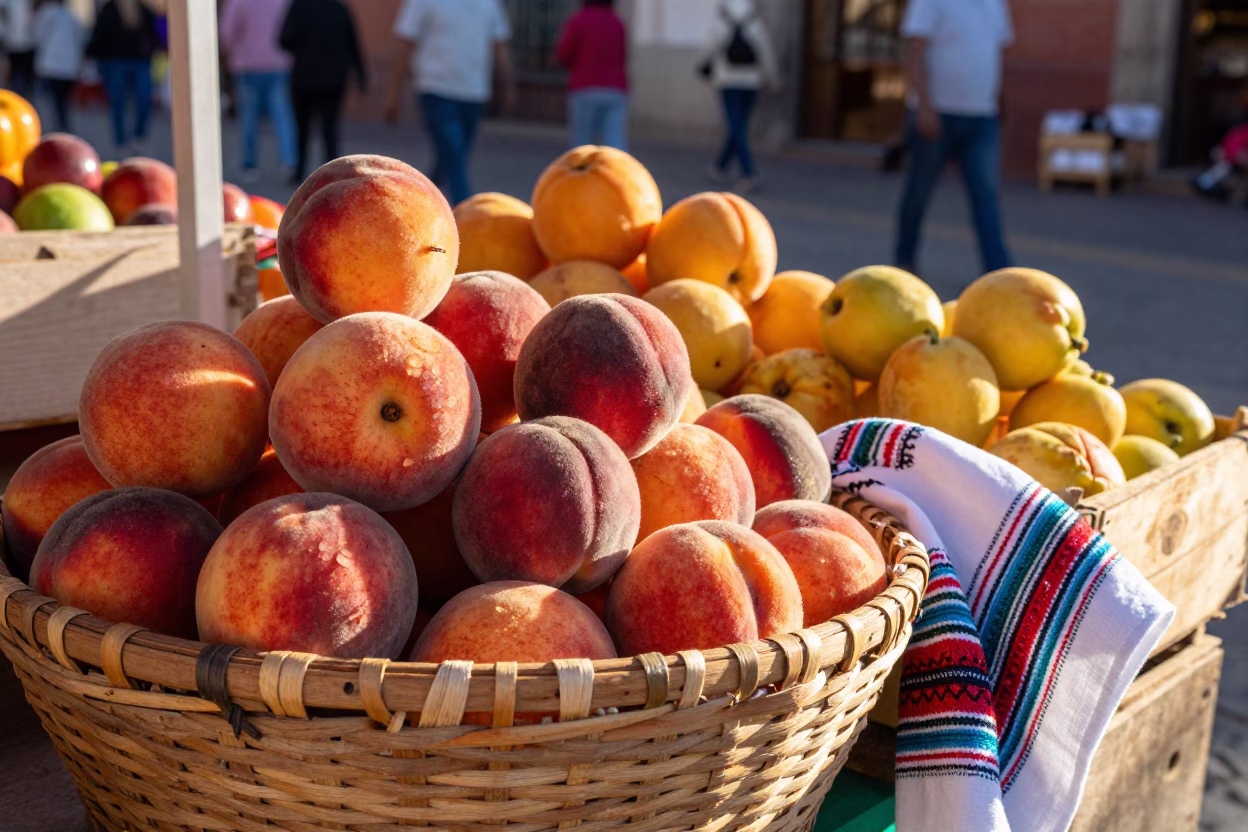 Colorful Oaxaca Market Stall with Fresh Peaches and Local Textiles in Late Afternoon Sunlight in in Oaxaca, Mexico