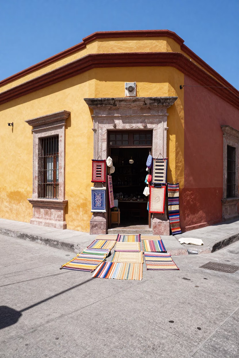 Colorful Oaxaca Mexico Noon Street Scene with Door Mats and Local Life in in Oaxaca, Mexico