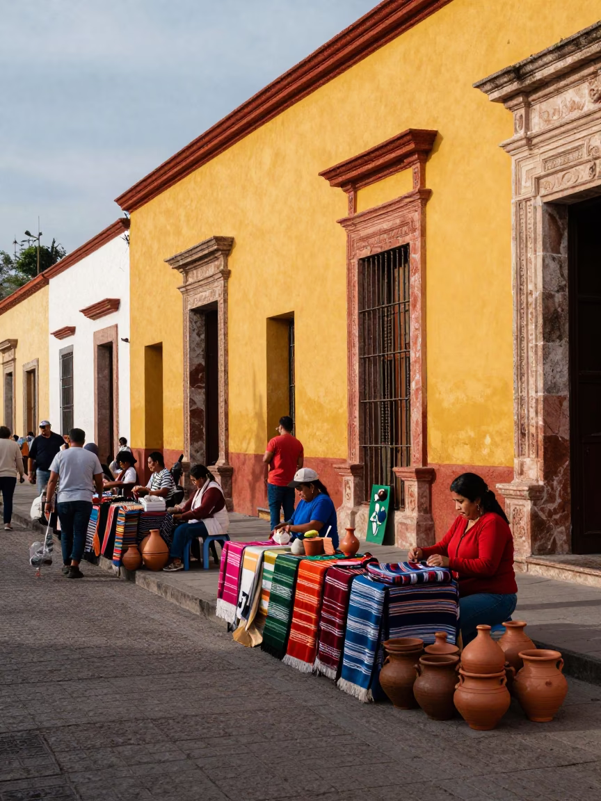 Colorful Oaxaca Mexico Street Scene Early Afternoon Local Market Activity in in Oaxaca, Mexico