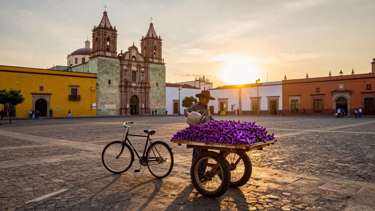 Colorful Oaxaca Mexico Street Scene with Watering Jug and Bicycle Basket at Golden Hour in in Oaxaca, Mexico