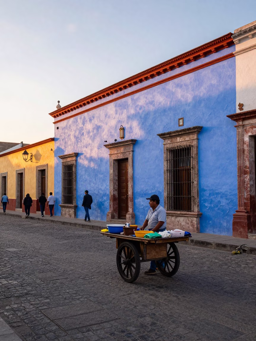 Colorful Oaxaca Morning Street Scene with Local Vendor and Copper Tray in in Oaxaca, Mexico