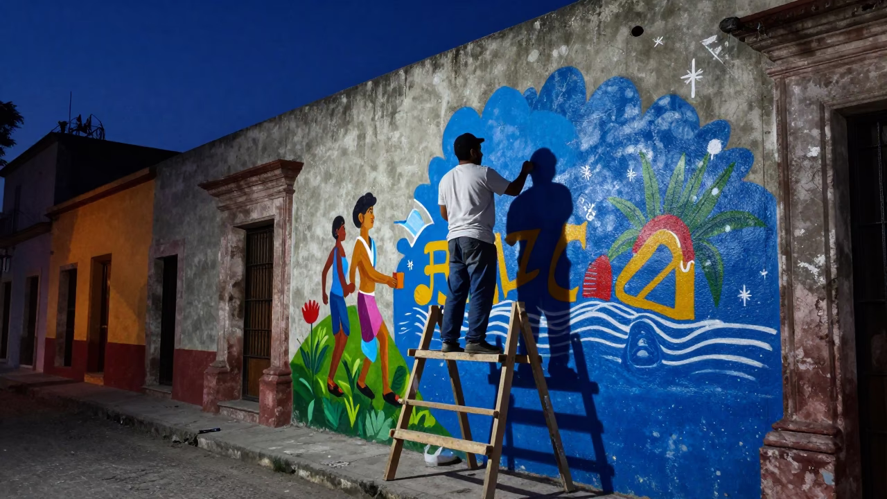 Colorful Oaxaca Street Mural Painting in Predawn Darkness in in Oaxaca, Mexico