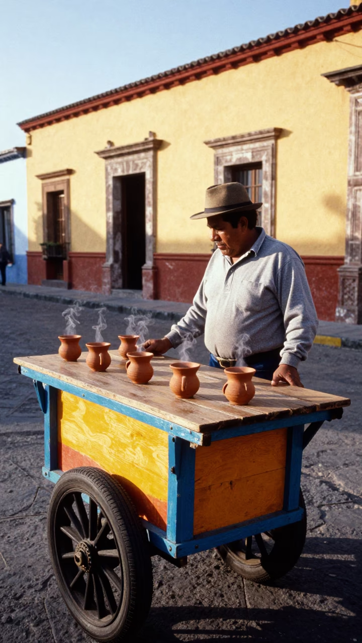 Colorful Oaxaca Street Scene Early Afternoon Clay Cups and Local Tea Seller in in Oaxaca, Mexico