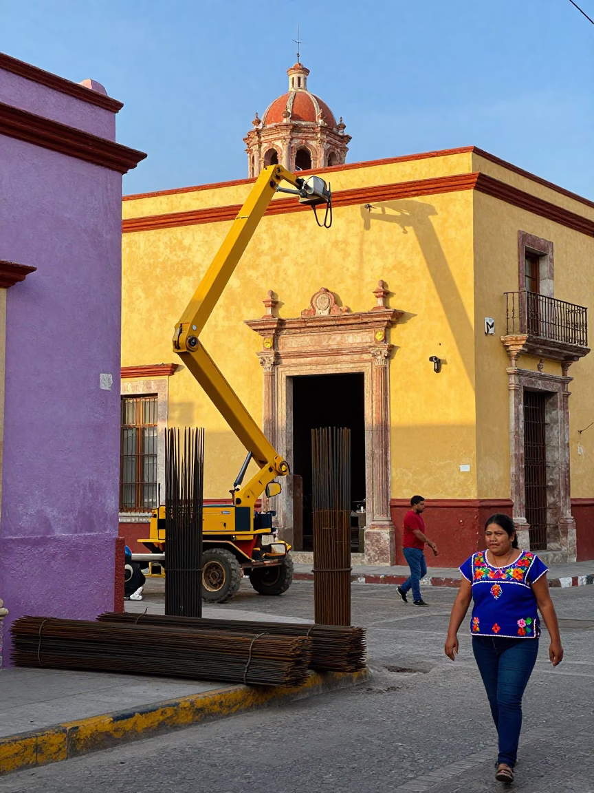 Colorful Oaxaca Street Scene Early Afternoon with Construction and Local Life in in Oaxaca, Mexico