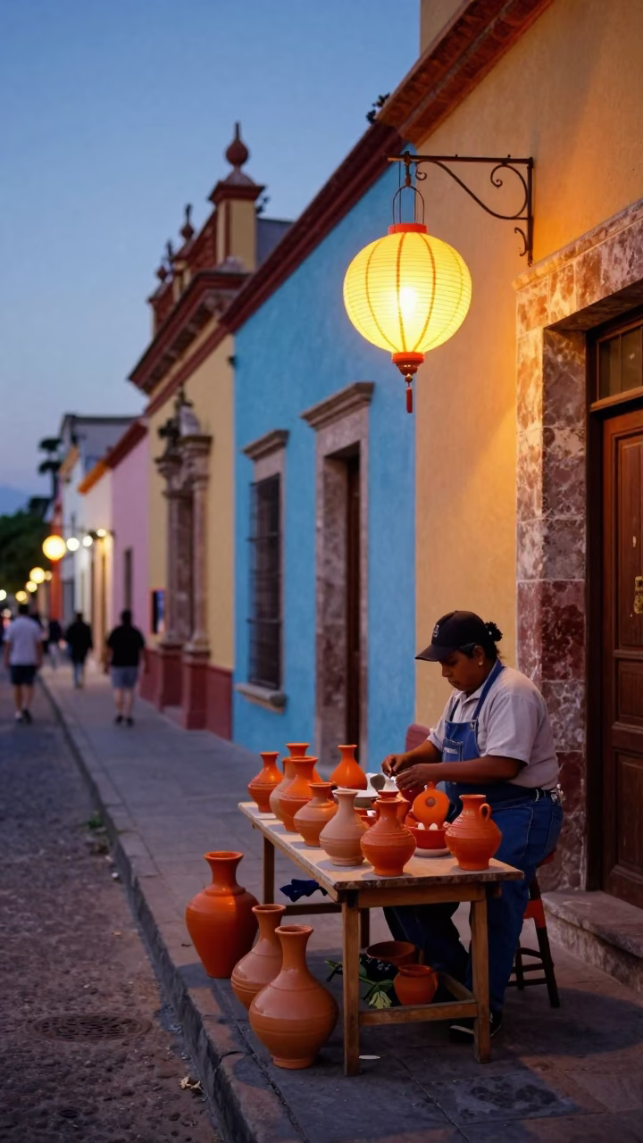 Colorful Oaxaca Street Scene Early Evening with Traditional Pottery and Lantern Light in in Oaxaca, Mexico
