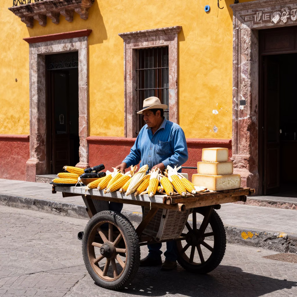 Colorful Oaxaca Street Scene with Elote and Cotija Cheese Under Flat Noon Sun in in Oaxaca, Mexico
