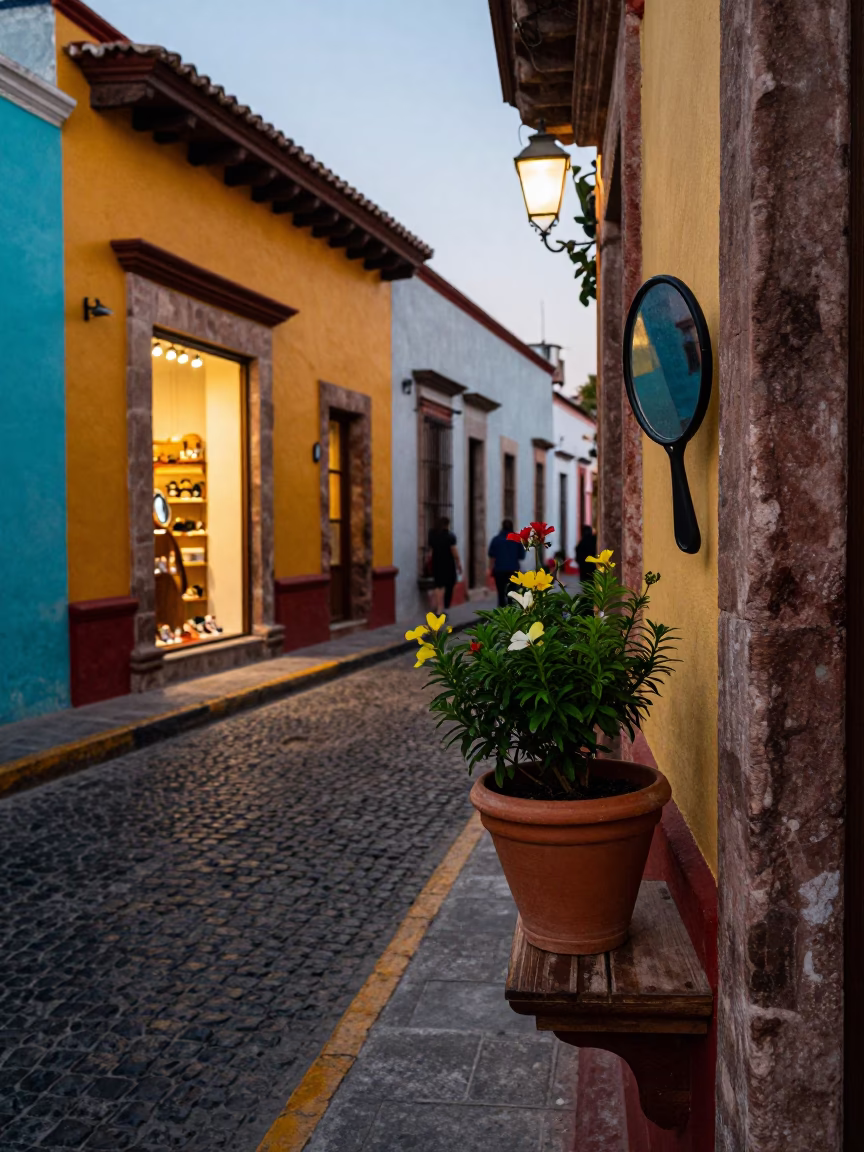 Colorful Oaxaca Street Scene with Flowerpot and Hand Mirror in Early Evening Light in in Oaxaca, Mexico