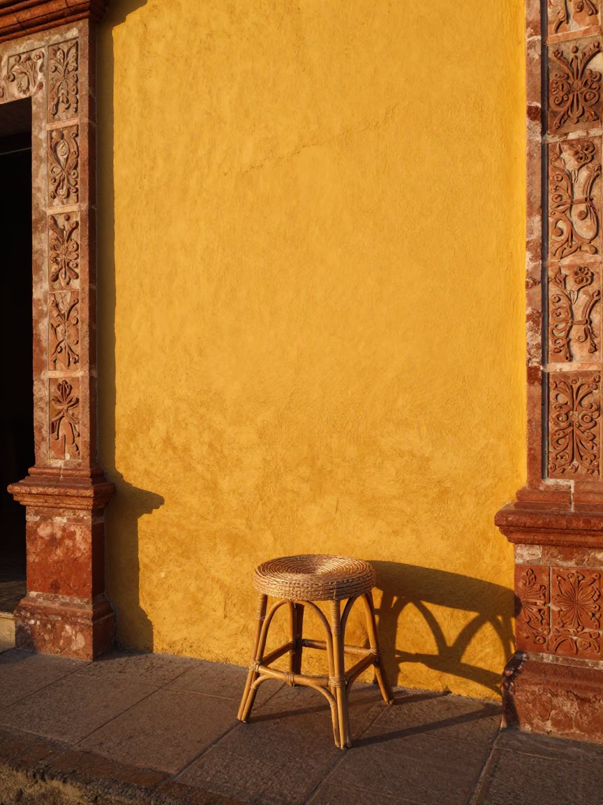 Colorful Oaxaca Street Scene with Rattan Stool and Brick Kilns at Golden Hour in in Oaxaca, Mexico