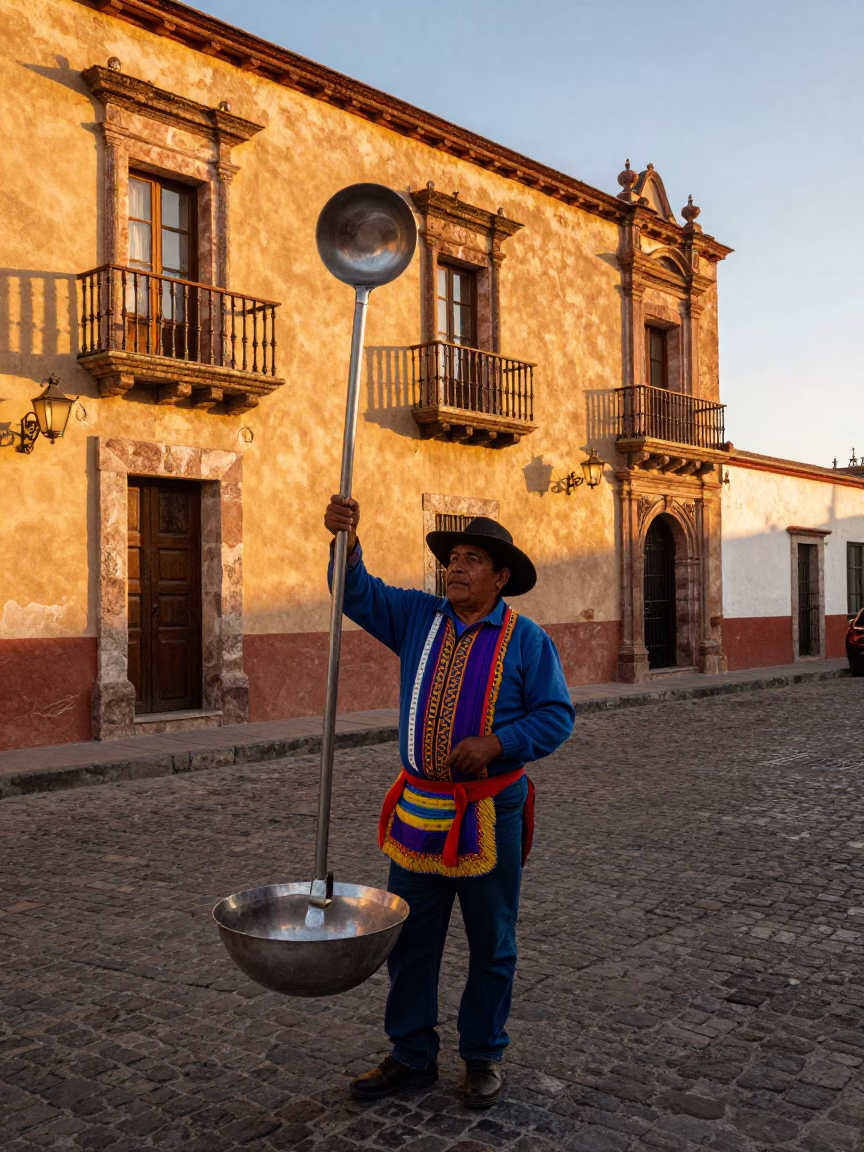 Colorful Oaxaca Street Vendor Ladle and Measuring Tape Golden Hour Scene in in Oaxaca, Mexico