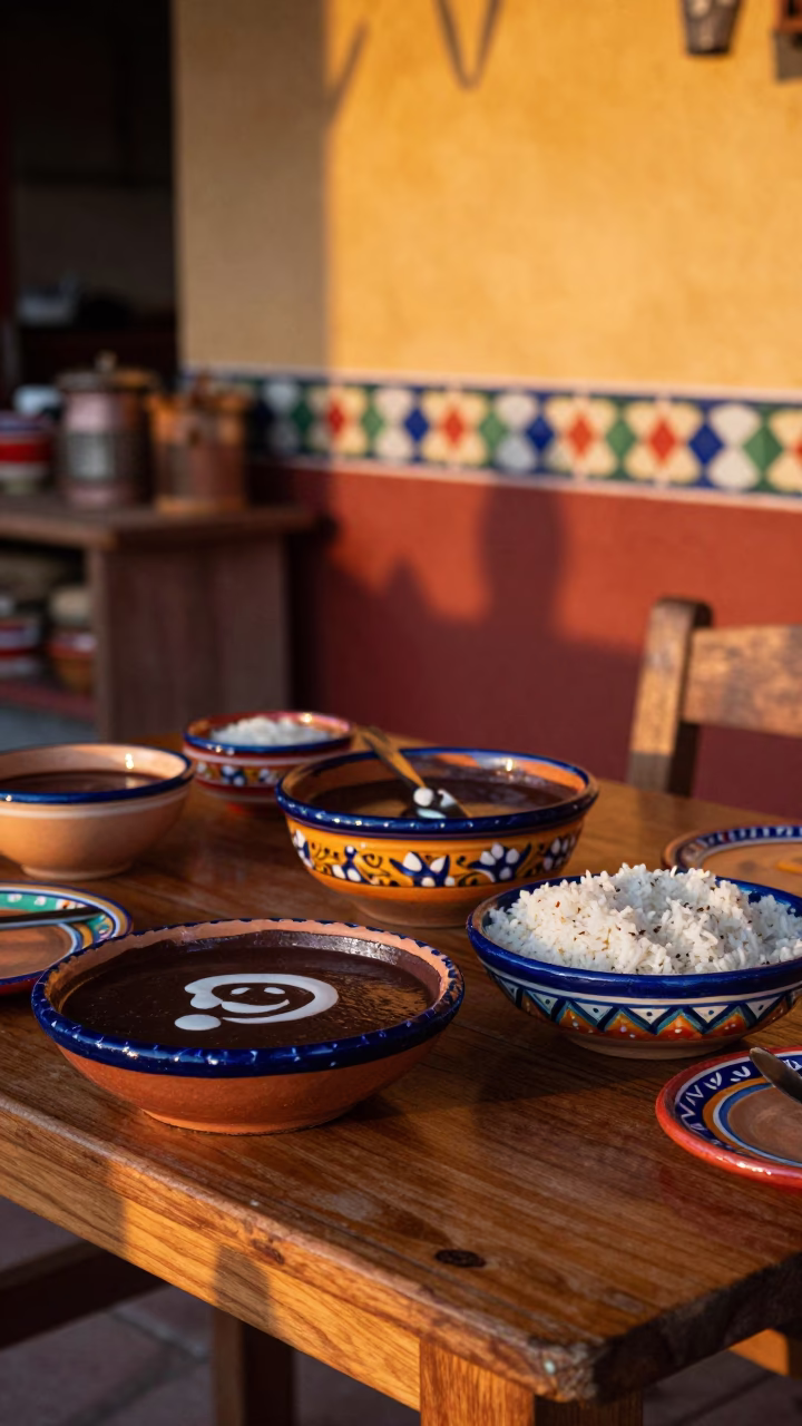 Colorful Oaxacan Kitchen Evening with Ceramic Bowls and Textile Towels in in Oaxaca, Mexico