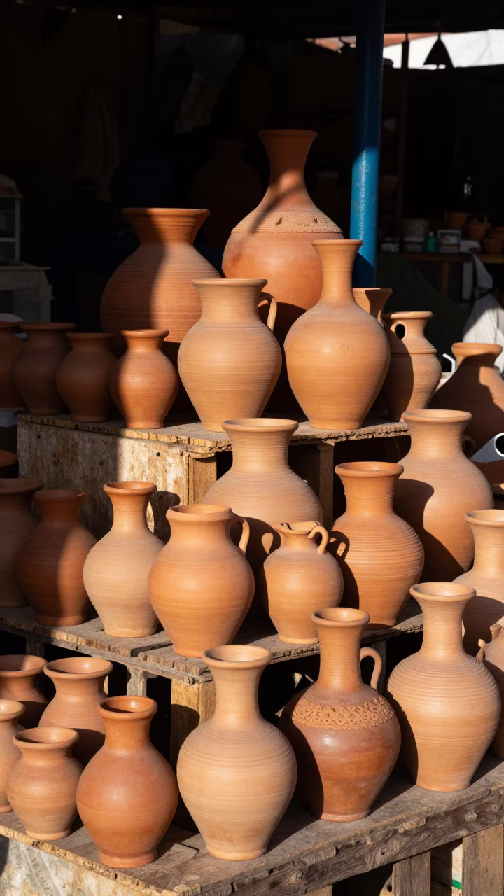 Colorful Oaxacan Market Stall Displaying Handmade Terracotta Pots Under Afternoon Sun in in Oaxaca, Mexico