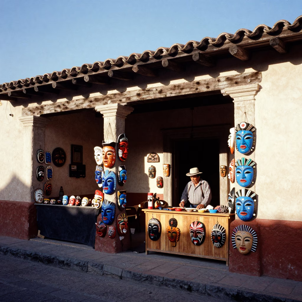 Colorful Oaxacan Market Stall with Folk Art and Late Afternoon Sunlight in in Oaxaca, Mexico