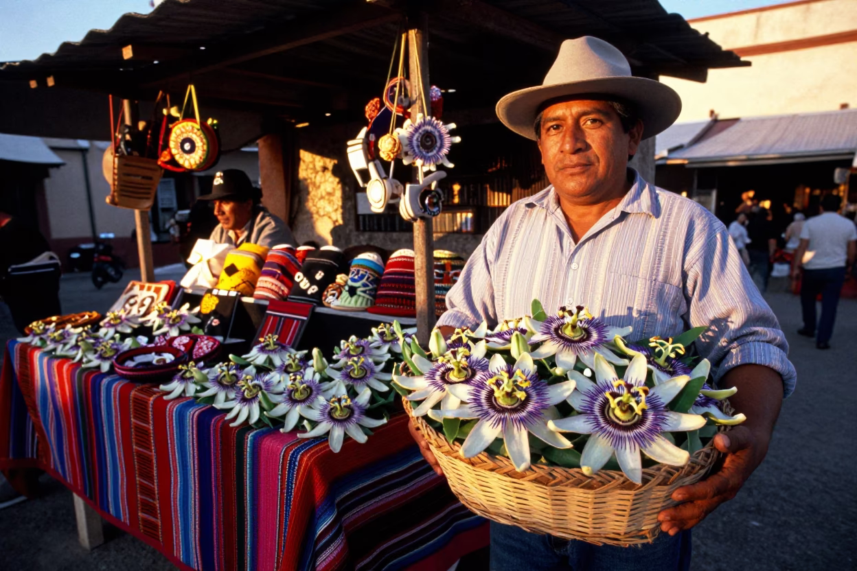 Colorful Oaxacan Market Stall with Passion Flowers and Local Wares at Golden Hour in in Oaxaca, Mexico