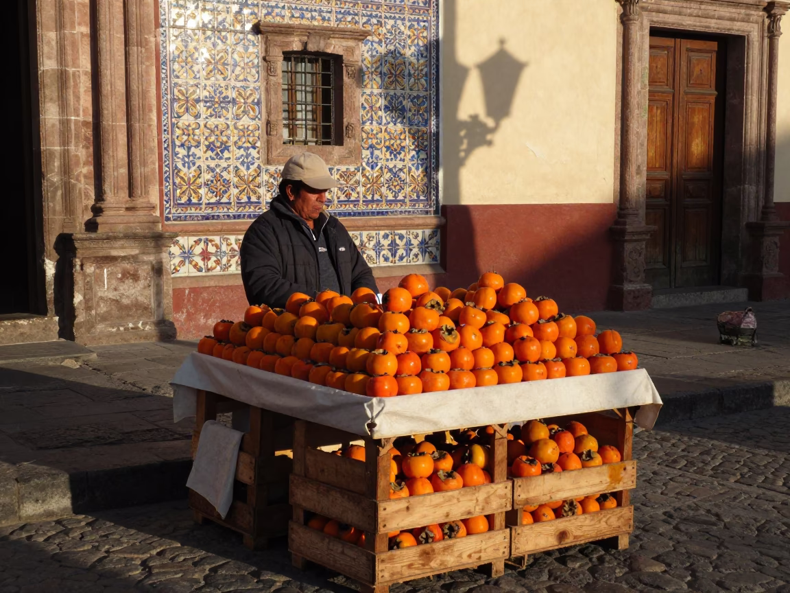 Colorful Oaxacan Market Stall with Persimmons and Local Vendor in Honeyed Evening Light in in Oaxaca, Mexico