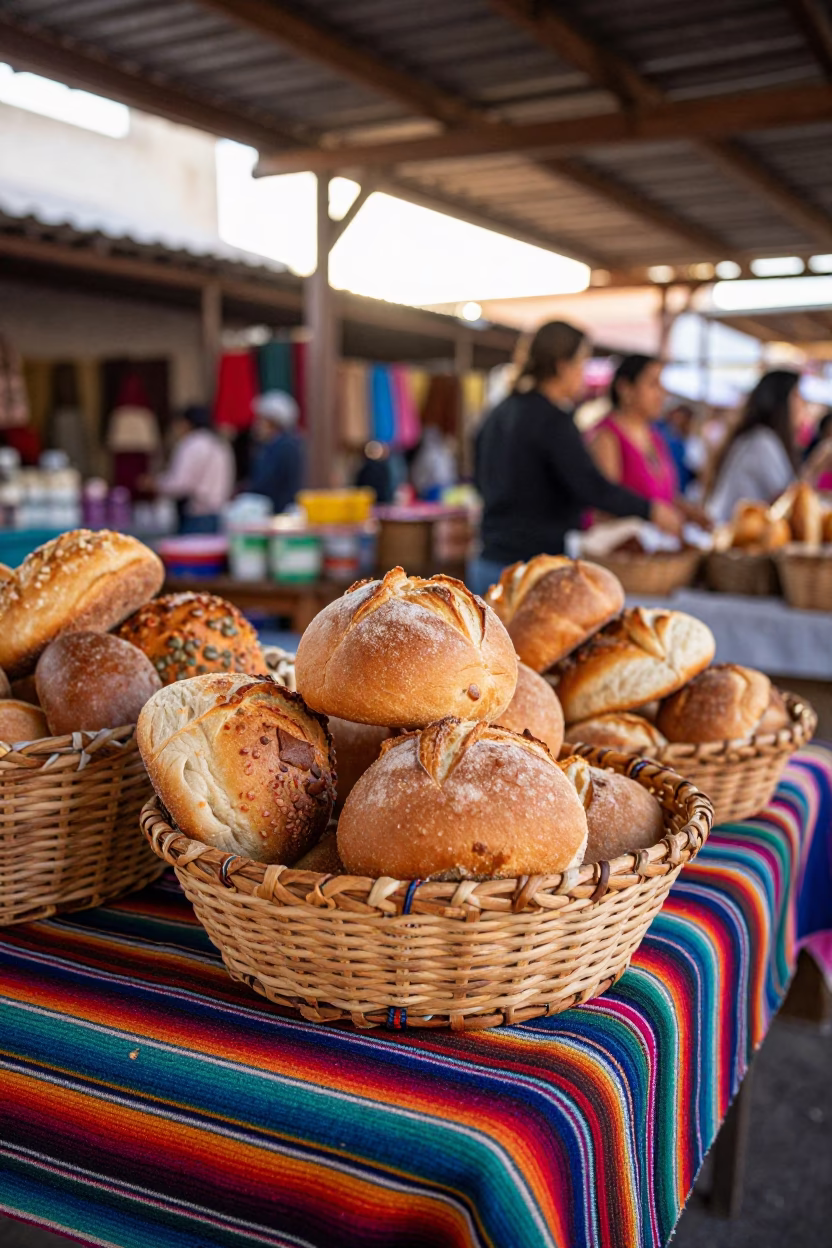 Colorful Oaxacan Market Stall with Woven Bread Basket in Late Afternoon Light in in Oaxaca, Mexico