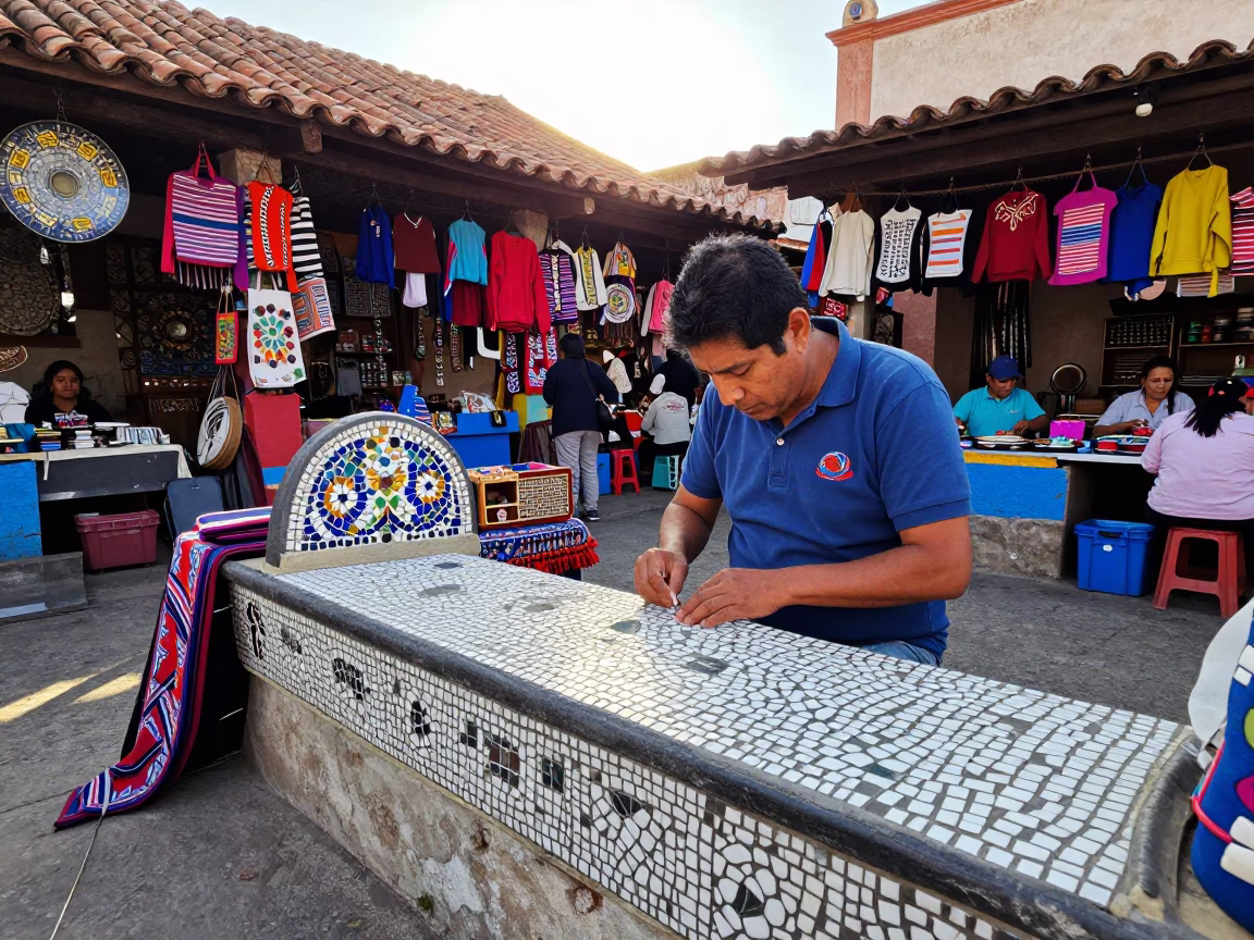 Colorful Oaxacan Morning Market Scene with Traditional Mosaic Artistry and Local Life in in Oaxaca, Mexico