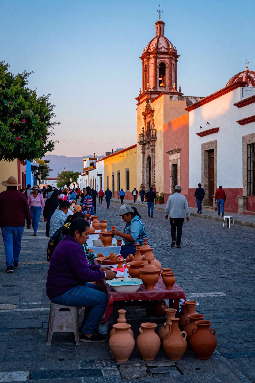 Colorful Oaxacan Morning Market Scene with Traditional Pottery and Local Artisans at Dawn in in Oaxaca, Mexico
