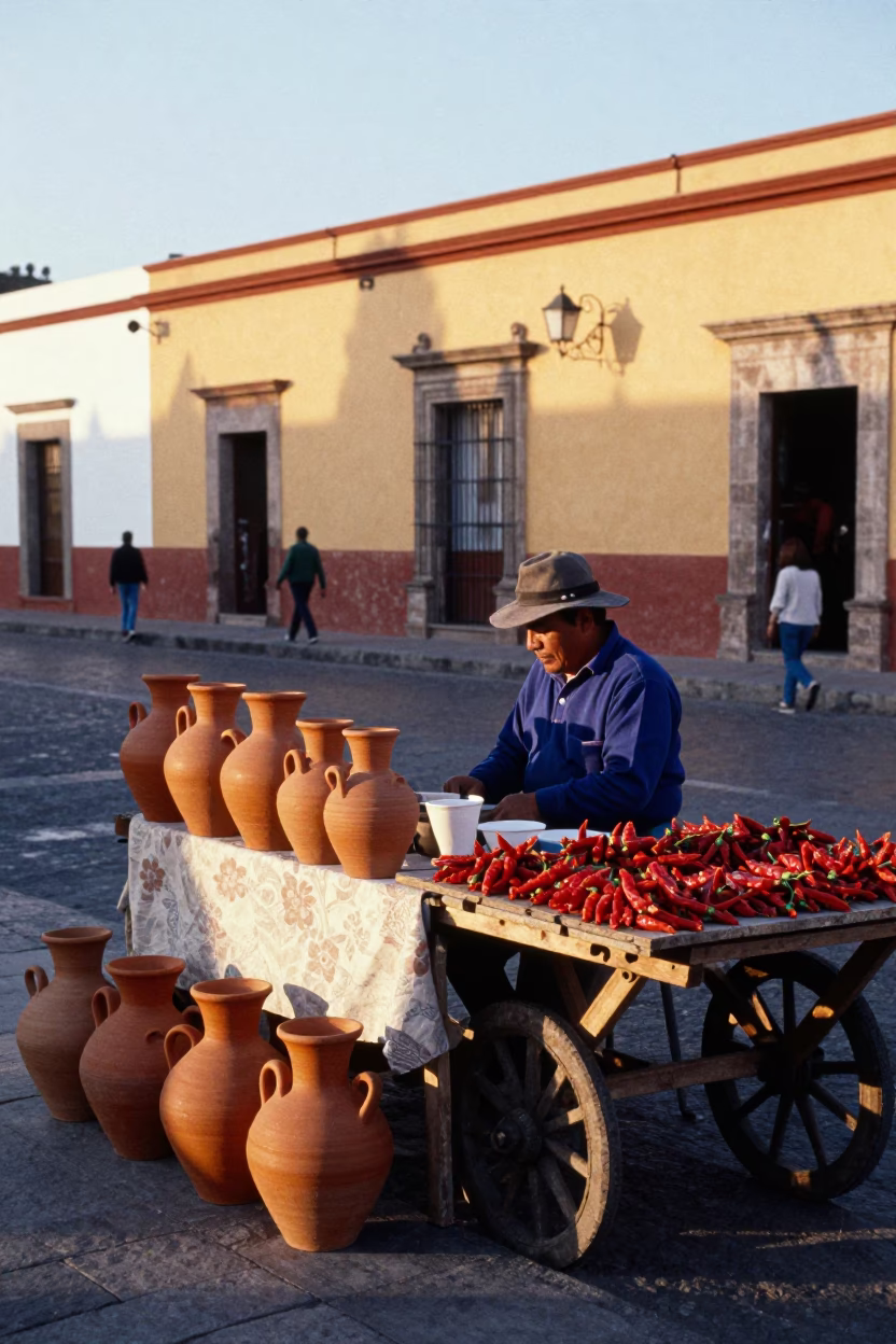 Colorful Oaxacan Morning Street Scene with Clay Pots and Dawn Light in in Oaxaca, Mexico