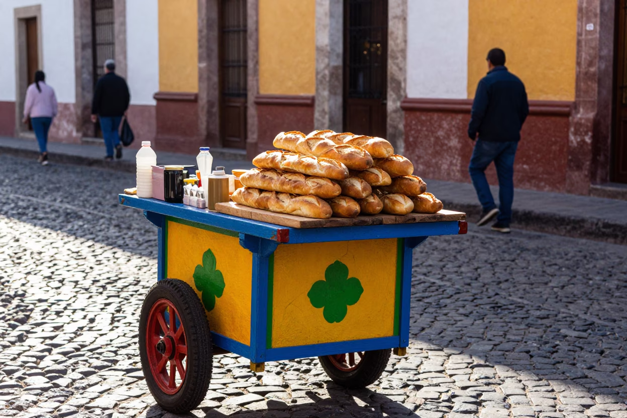 Colorful Oaxacan Street Breakfast Scene with Baguettes and Morning Light in Mexico in in Oaxaca, Mexico