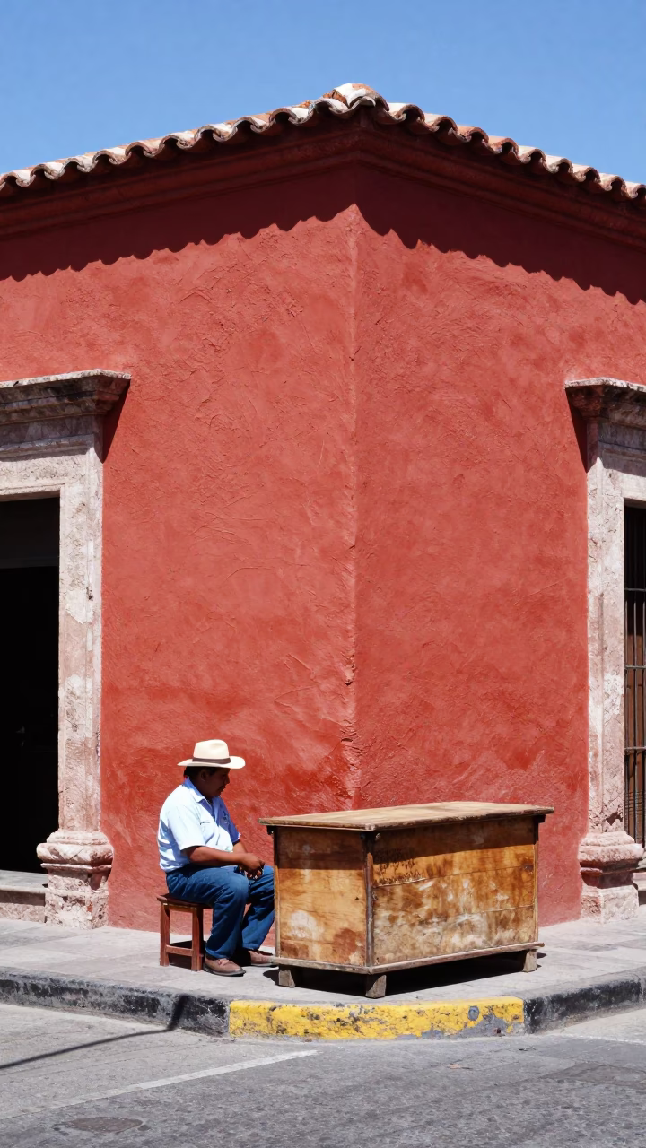 Colorful Oaxacan Street Corner Under Noon Sun With Shoebox And Local Vendor in in Oaxaca, Mexico