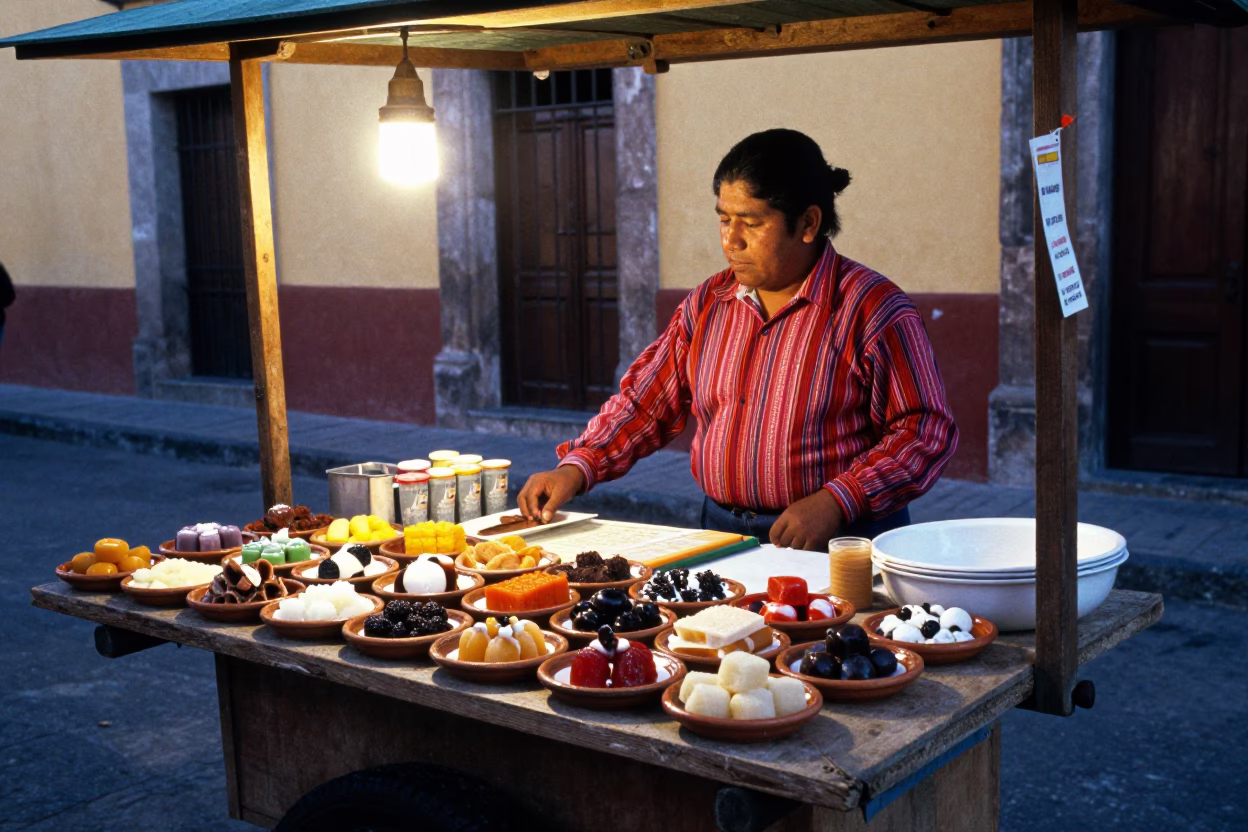 Colorful Oaxacan Street Food Stall Serving Traditional Snacks in Early Evening Light in in Oaxaca, Mexico