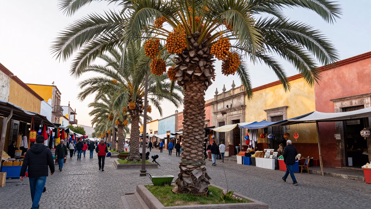 Colorful Oaxacan Street Market Morning with Date Palms and Local Commerce in in Oaxaca, Mexico