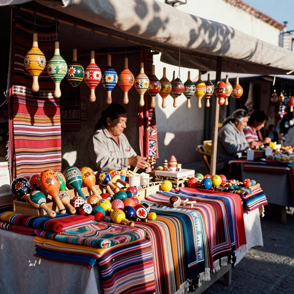 Colorful Oaxacan Street Market Stall with Maracas and Local Crafts in Late Morning Light in in Oaxaca, Mexico