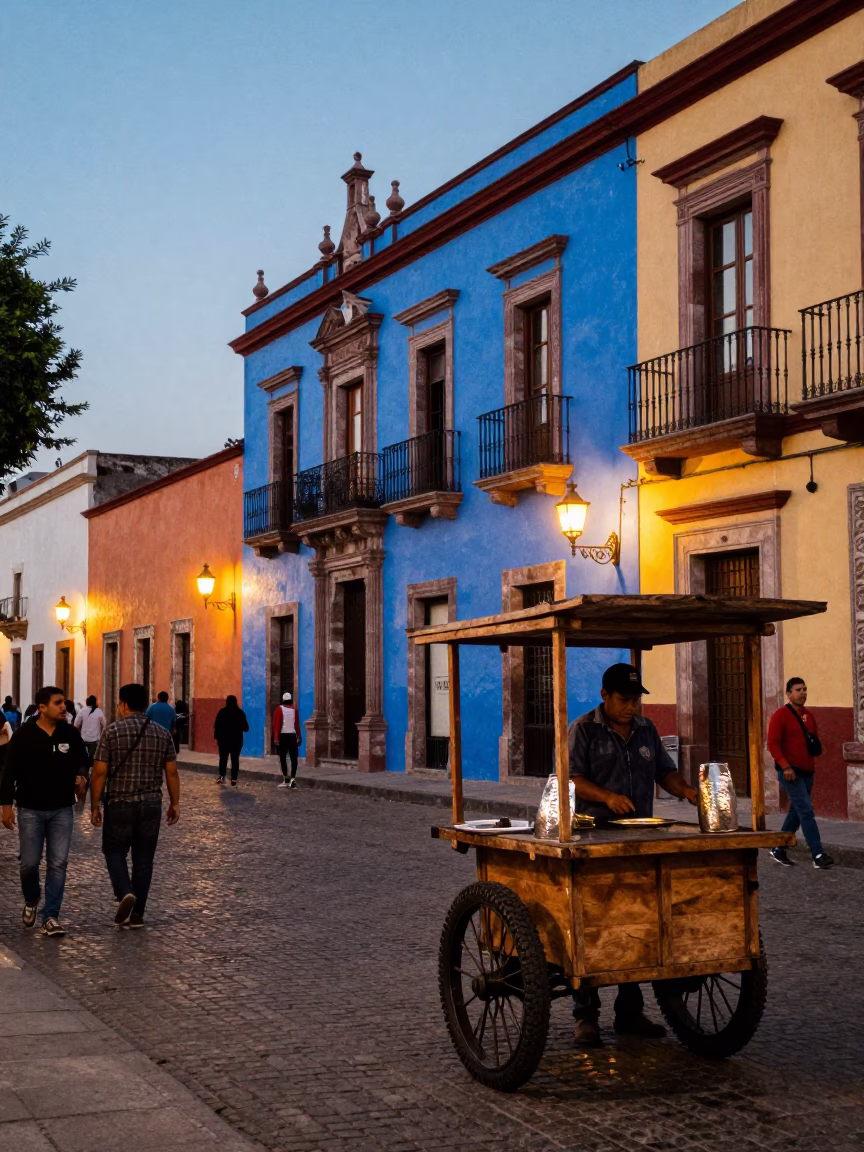 Colorful Oaxacan Street Scene at Dusk with Hammered Metal and Churros in in Oaxaca, Mexico