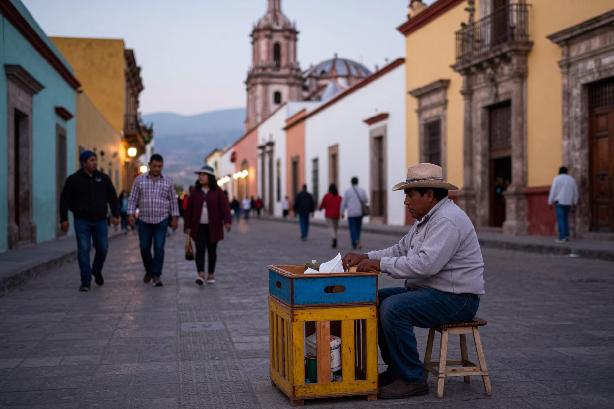 Colorful Oaxacan Street Scene at Dusk with Hand Broom and Painted Crate in in Oaxaca, Mexico